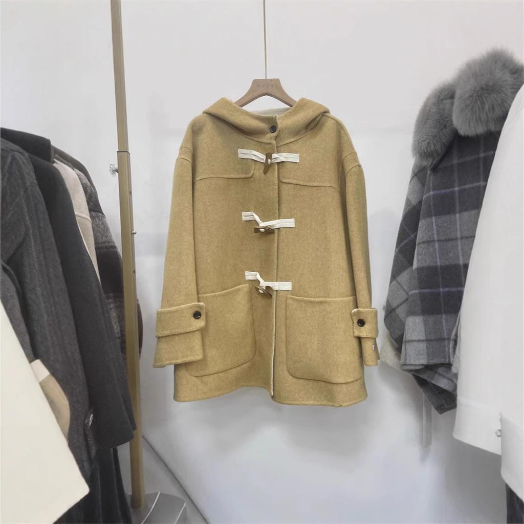 Spring, Autumn and Winter Hooded Double-sided Woolen Coat Jacket Women's Woolen Cloth Simple and Versatile Casual Commuting Horn Buckle