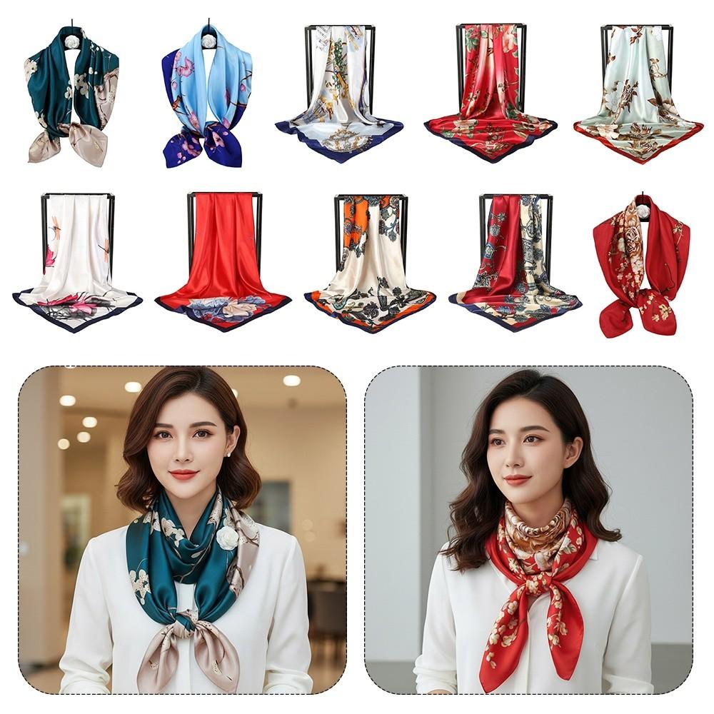 90*90cm Hijab Scarf Floral Pattern Neckerchief Simple Silk Square Scarf
