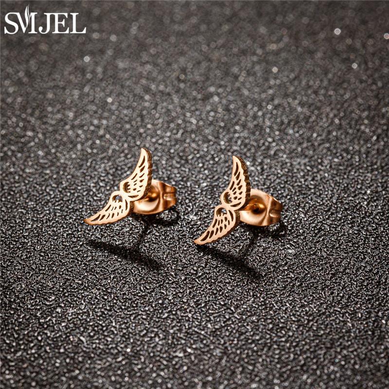 SMJEL Ethnic Angel Wing Earrings Small Stainless Steel Feather Stud Earring for Women Fashion Jewelry Pendientes Mujer