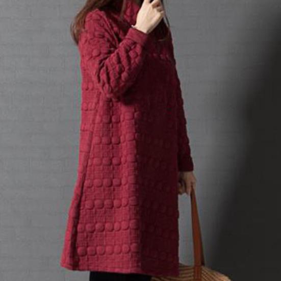 Lady Dress Solid Color Stand Collar Casual Loose Knee Length Winter Dress for
