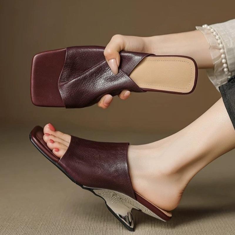 Fashion Retro Fashion Limp Heel Slippers for Women 2025 Summer New Square Toe Soft Leather Flip-flops Special-shaped Heels