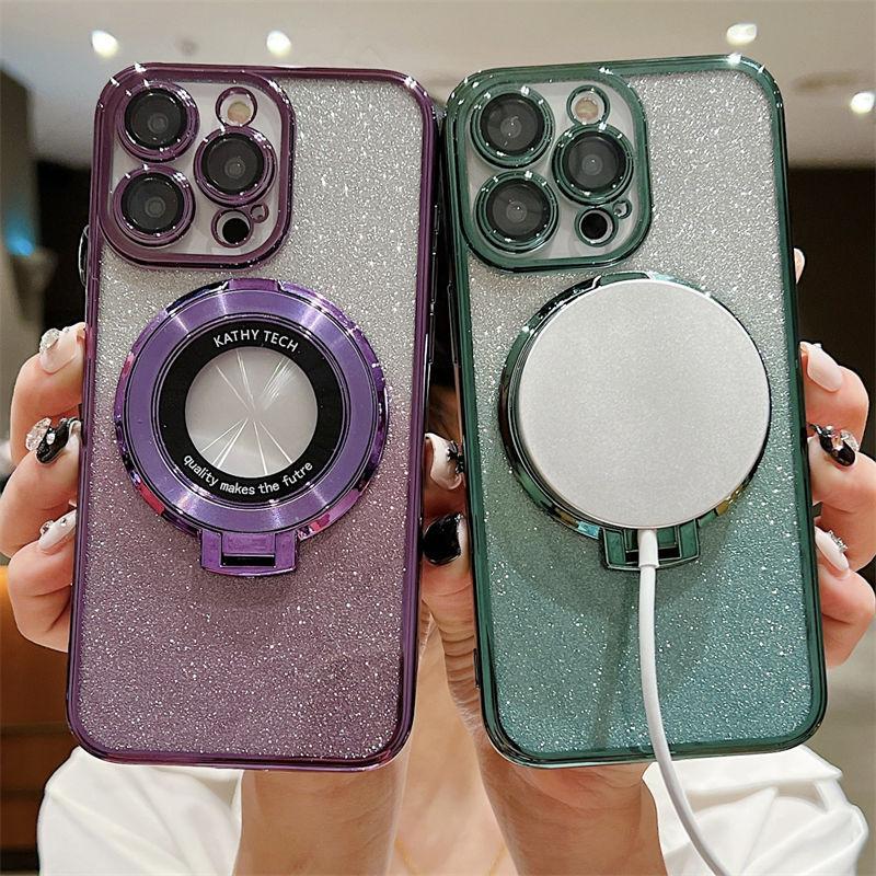 Luxury Gradient Glitter Paper Magnetic Stand Case for iPhone 15 14 13 12 11 Pro Max XS XR 7 8Plus SE 2020 All-inclusive Fall Protection Cases