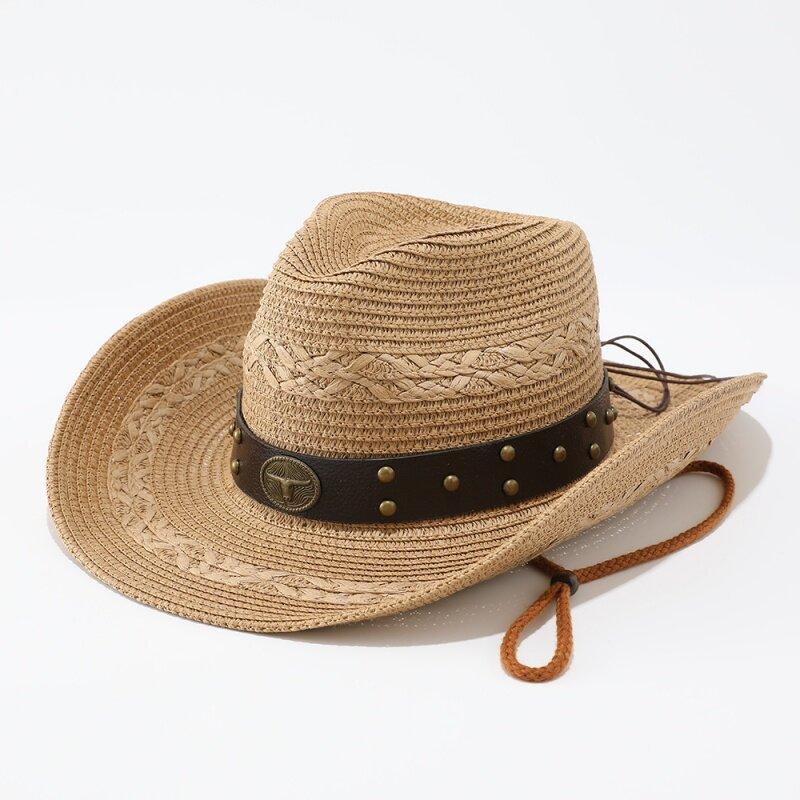 Ethnic Style Straw Woven Western Cowboy Hat, Summer Travel Photo Big Edge Straw Hat, Outdoor Beach Sunshade Sun Protection Hat