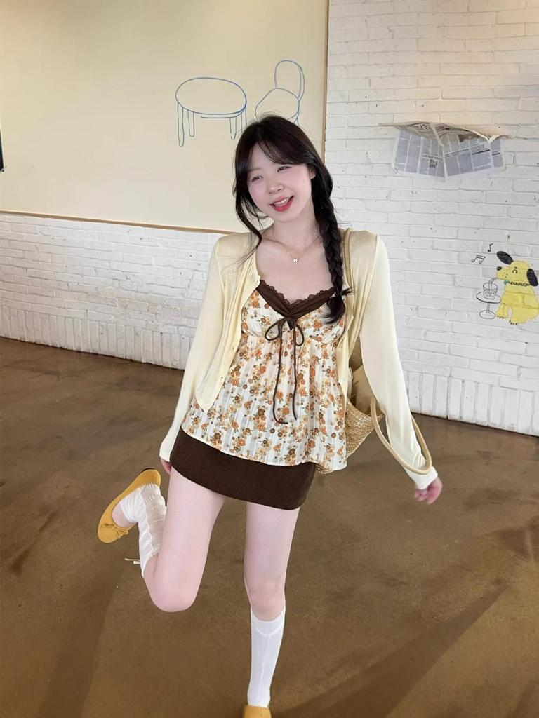 2026 Spring/Summer Women's Floral Chiffon Sun Protection Set: V-neck Tank Top with Cardigan