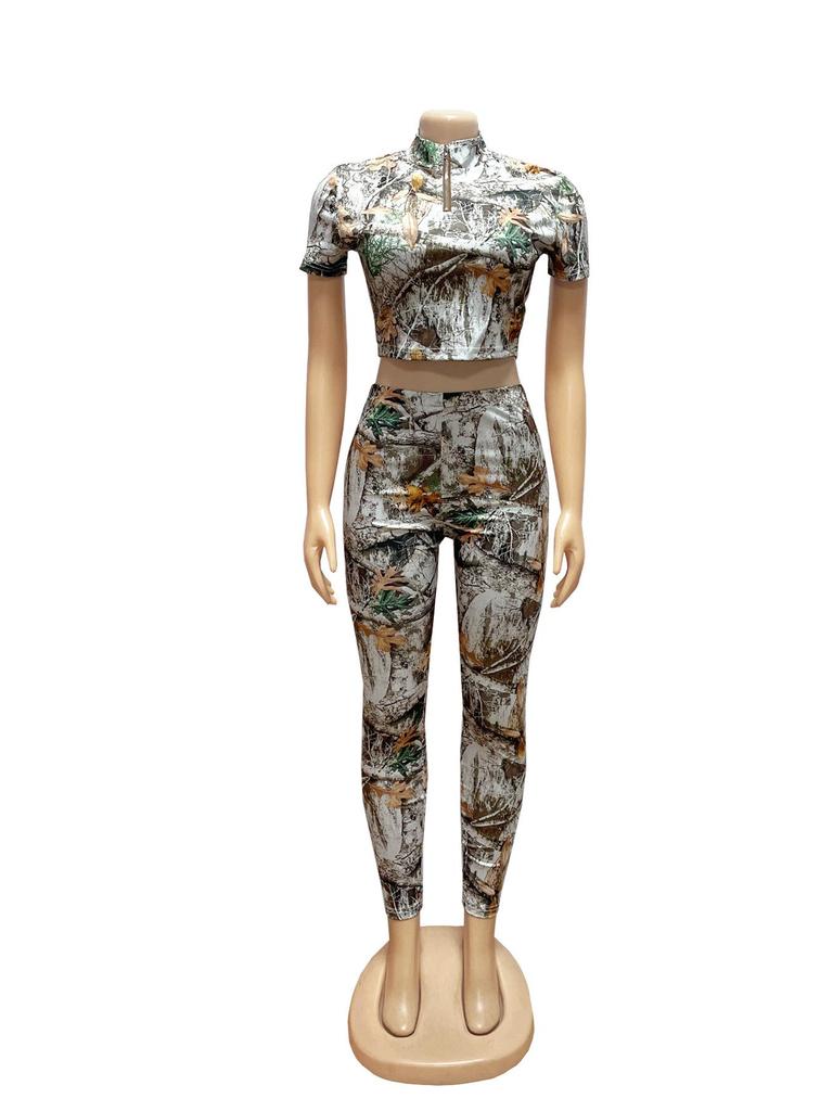 TW830 Fashion Printed Two-Piece Set: Half-High Collar Crop Top & Hip-Lifting Long Pants