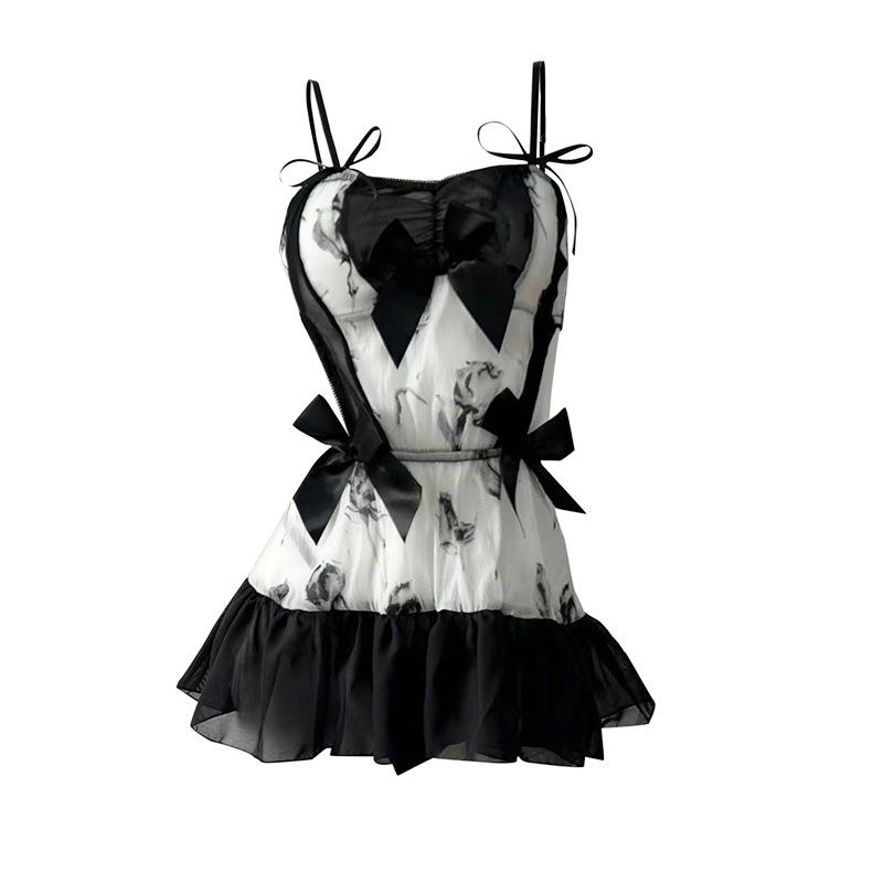 Sensual Ink Print Bandeau Nightgown - See-Through Quick-Release Lingerie Set