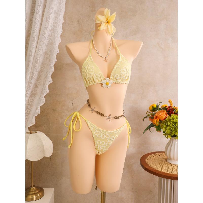 Women Flower Embroidered Three Piece Bikini Swimsuit For Beach Vacation