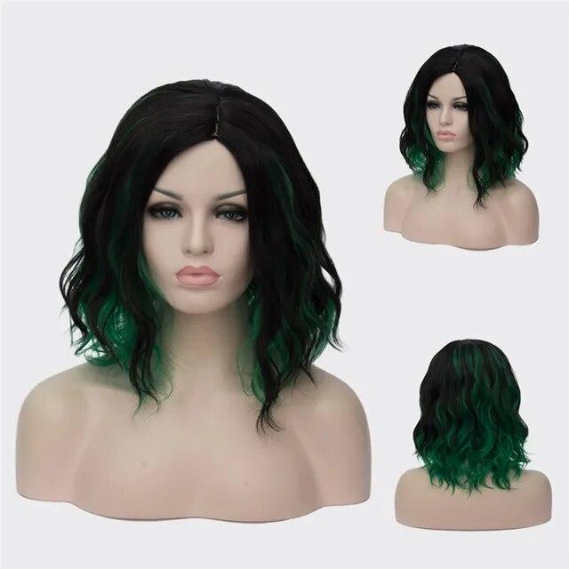 Peruci Cosplay ondulate pentru femei, scurte, albastru, violet, roz, verde, auriu, galben, parte laterală, păr sintetic din fibre rezistente la căldură