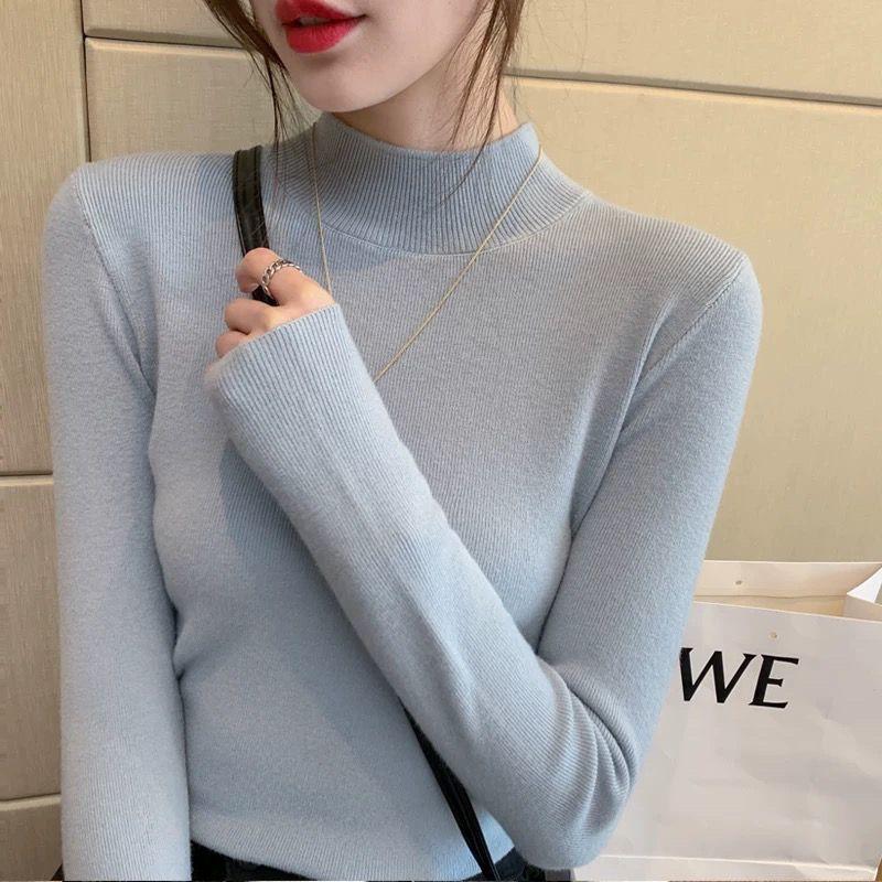 Semi High Neck Sweater Women Knit Base Layer Slim Fit Long Sleeve Versatile Top