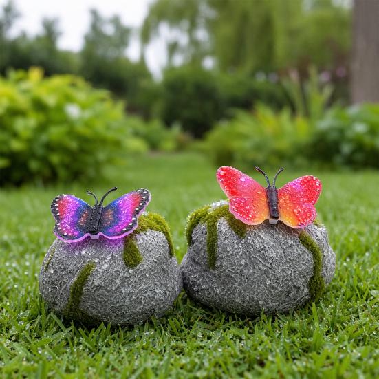 Yousheng Solar Butterfly Stone Light, Resin Garden Decoration with Natural Stone Look, Soft LED Outdoor Lamp for Lawn Pathway