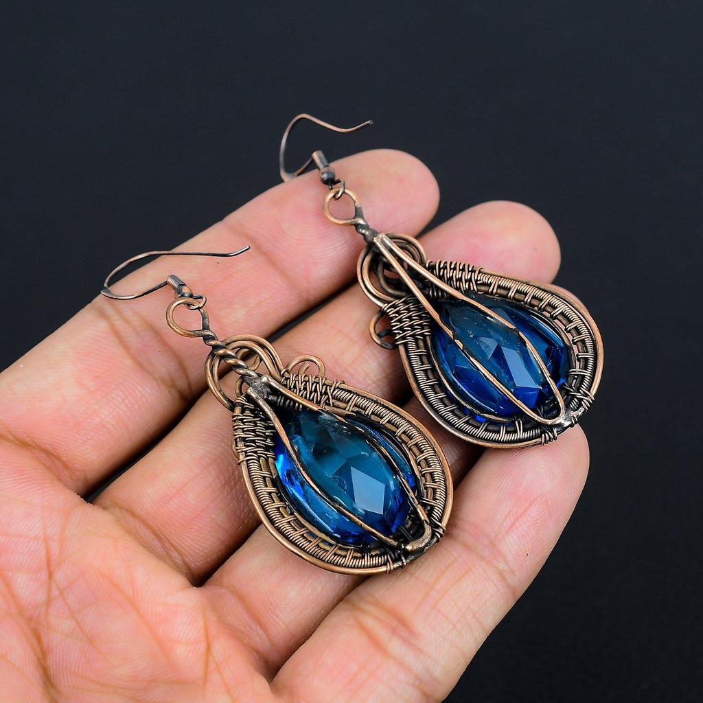 Blautopas Ohrringe, 999 Kupferdraht umwickelte Edelsteinschmuck, Handgefertigte Ohrringe, Für Thanksgiving