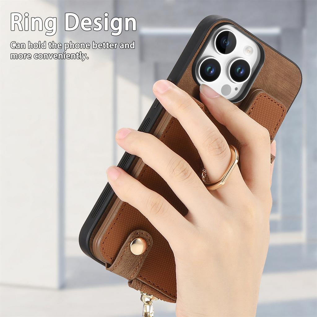 For iPhone 16 Pro Case Zipper Pocket Kickstand Leather Phone Back Cover