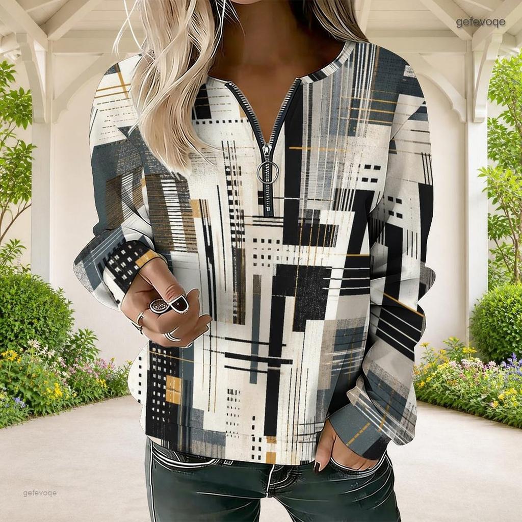 Women Plus Size V Neck Front Zip Geometric Printed Long Sleeve Ribbed Cuffs Sweatshirt
