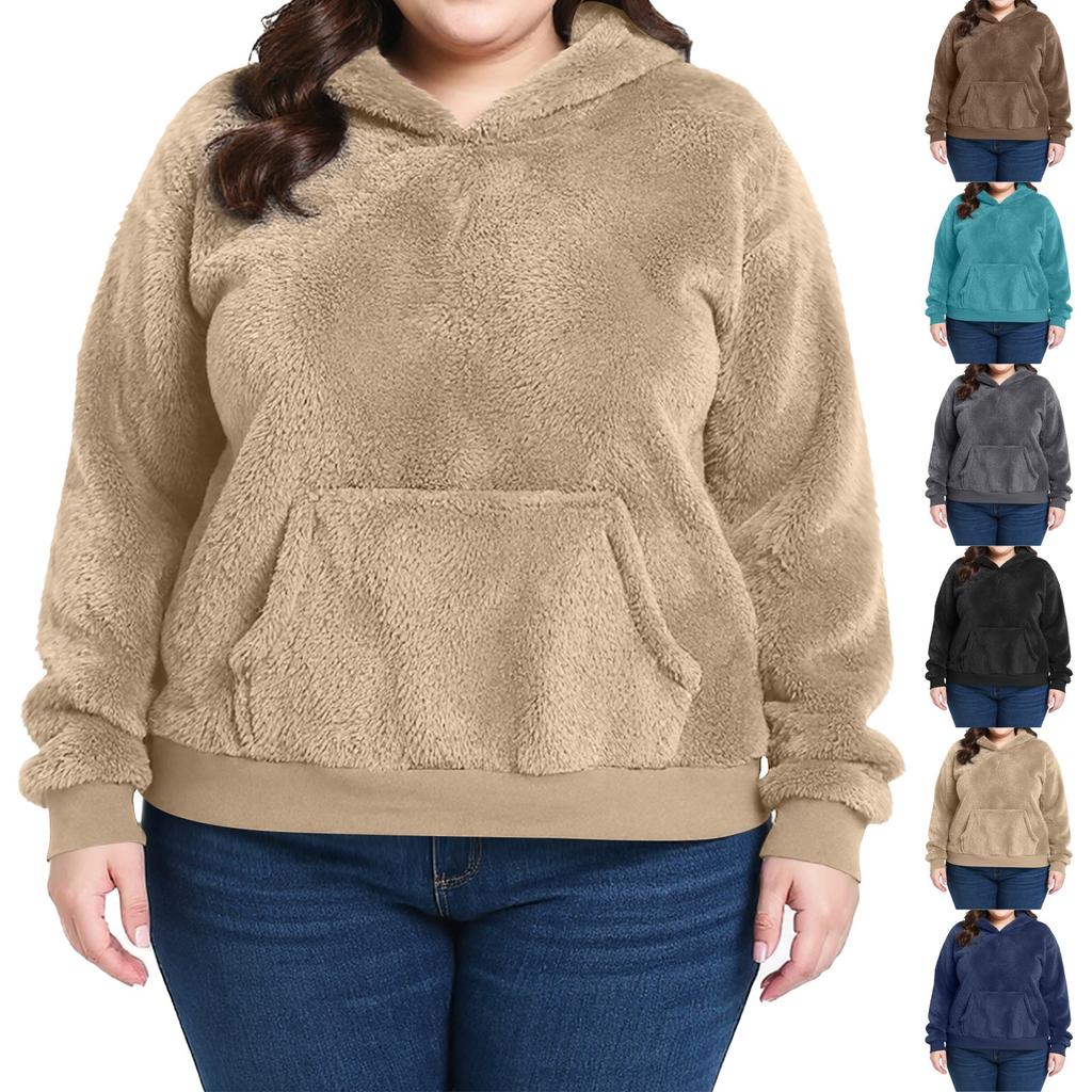 Women's Casual Plus Size Long-Sleeve Hooded Solid-Color Fleece Pullover Sweatshirt