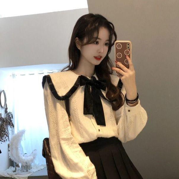 Women's Pleated Skirt & Doll Collar Knit Shirt Set - Spring/Autumn Korean College Style, Petite & Sweet