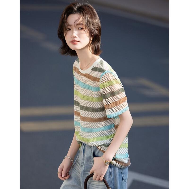 De Mana Women's Cloud Cotton Striped Short-Sleeve T-Shirt