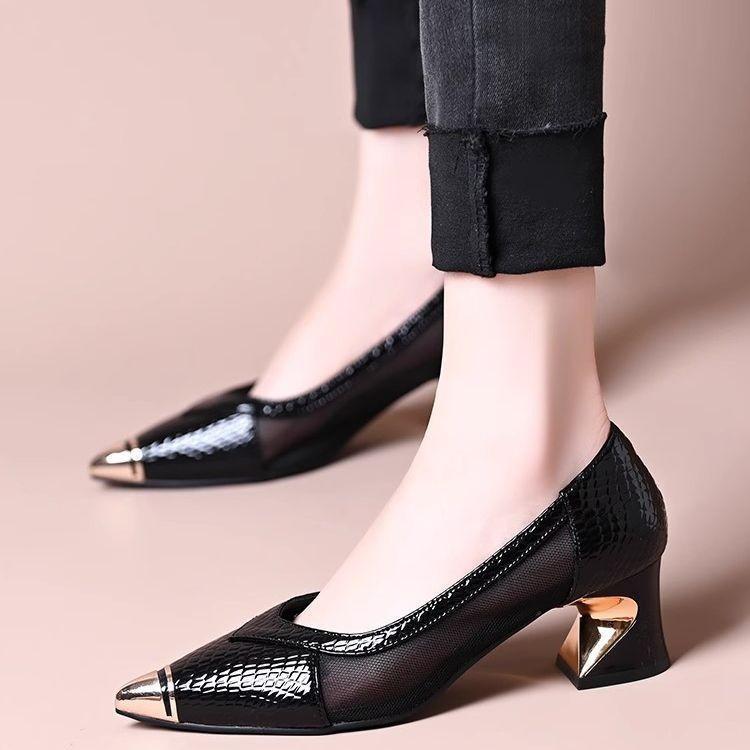 2025 Spring and Summer New Shallow Single Shoes Women's Shoes One Pedal Middle Heel Horseshoe Heel (5cm) Pointed Women's Single Shoes