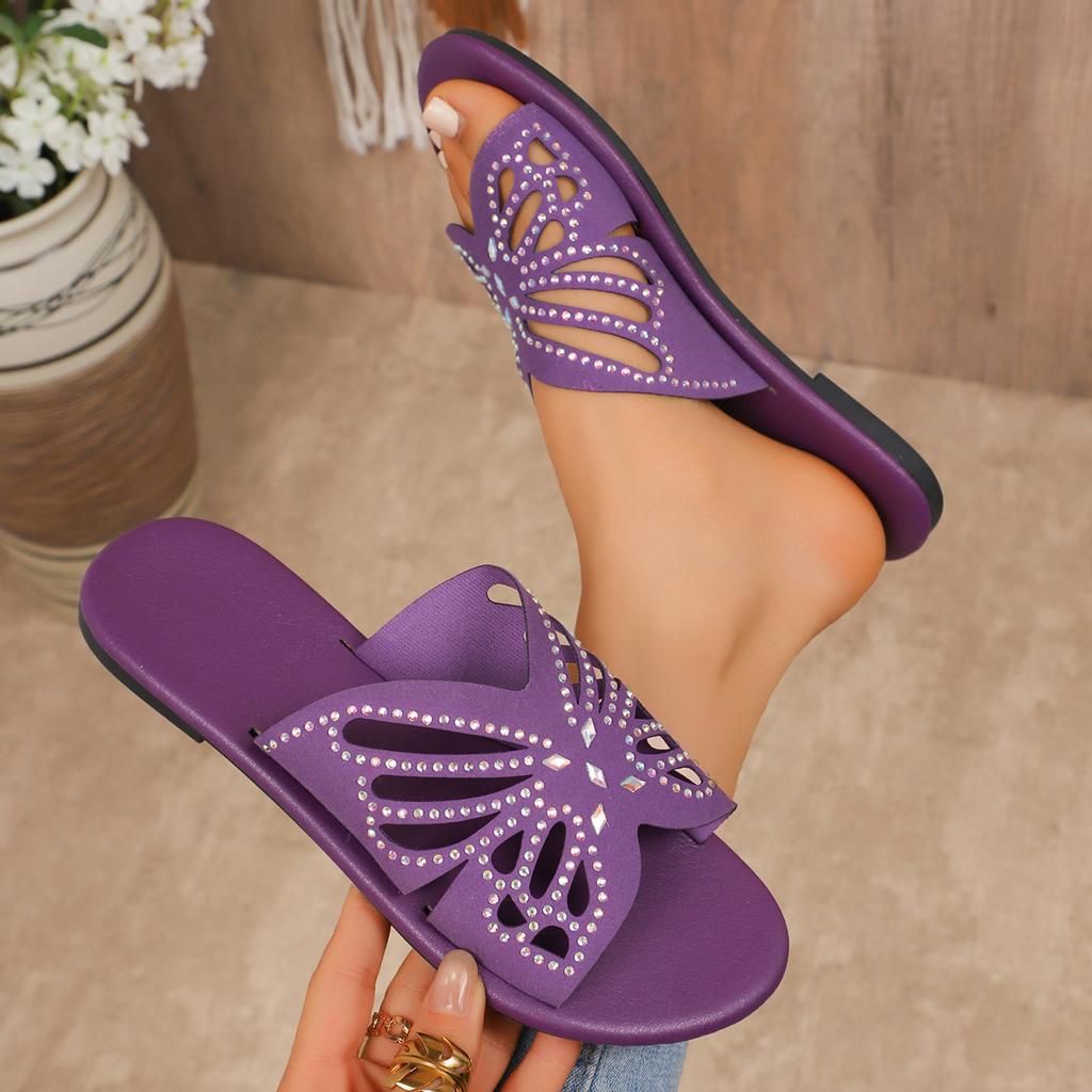 Fashion Plus Size 36-43 Solid Color 2025 New Flat Slippers Rhinestone Butterfly Hollow Fashion Ladies Slides Casual Beach Rome Shoes