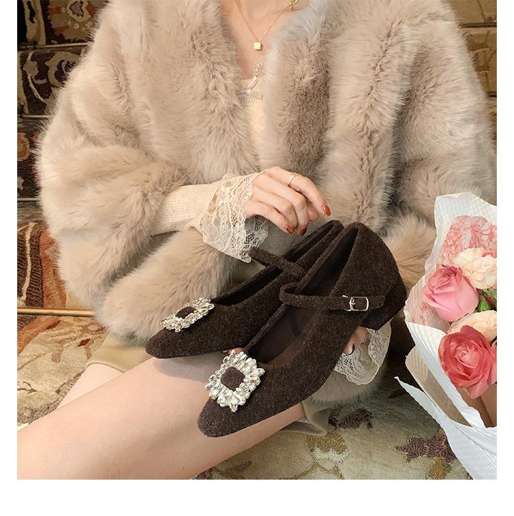 Wool Version~ Diamond Buckle Small Square Head with Woolen Thick Heel Mary Jane Single Shoes Women's Spring Leather Small Heels Ladyshoes
