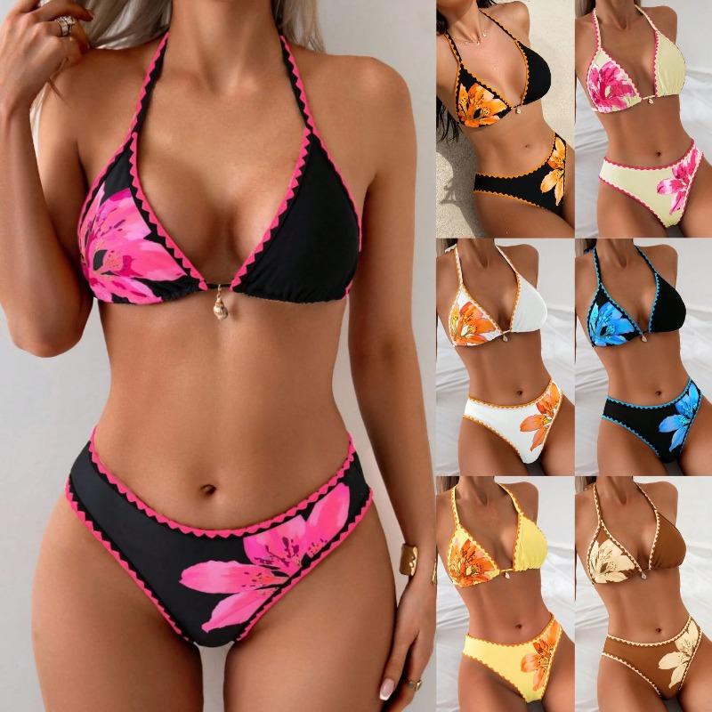 European and American New Ins Style Sexy Swimsuit Three-point Bikini Fixed-plate Printed Split Strap Swimsuit