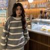 Winter gestreifter Strickpullover für Studentinnen Koreanisch locker Rundhals Pullover lockere Strickjacke für Damen