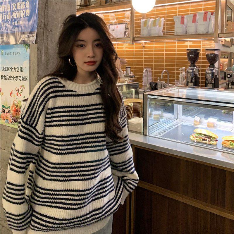 Winter Striped Stitching Pullover Sweater Female Student Korean Loose Round Neck Pullover Loose Knitted Sweater Jacket Female