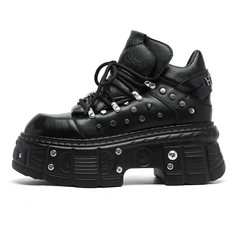 Punk-Stil Herren Leder Schuhe Dunkle Gothic Motorrad Stiefel Trendige Dicke Sohle Herren Schuhwerk Metall Punk Mode Einzigartig 46 black
