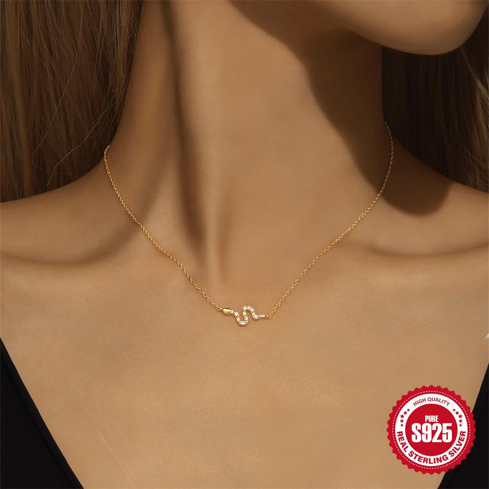 Fashion S925 Sterling Silver Ins Wind Simple Fun Personality Diamond Snake Necklace Cool Street Collarbone Chain