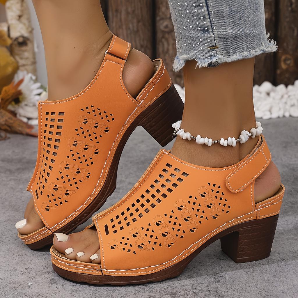 Moda de Verão Feminina Salto Alto, Sandálias de Tamanho Grande Cor Sólida Bico Aberto, Sapatos com Tira Traseira Ajustável e Design Escavado