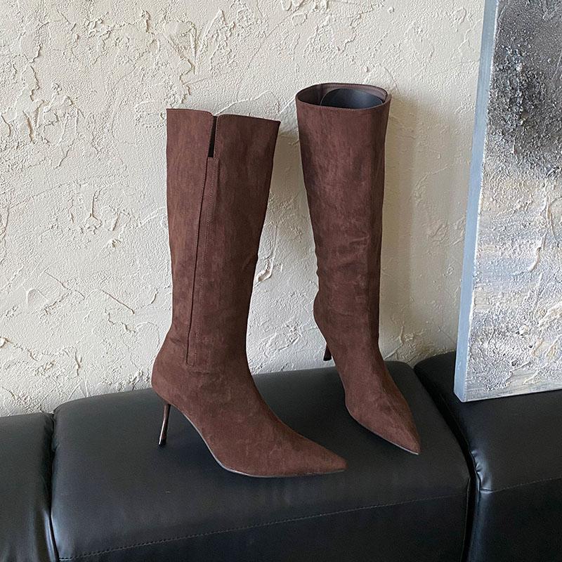 Fashion Winter Autumn Party Ladies Knee High Modern Boots Shoes Female Pointed Toe Fashion Thin Heels Women Long Boots Slip On Shoes