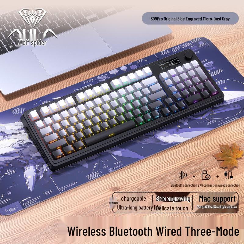 Teclado Mecánico Portátil Wolf Spider S99pro – Tres Modos, Diseño Colorido, con Pantalla, para Oficina y Gaming.