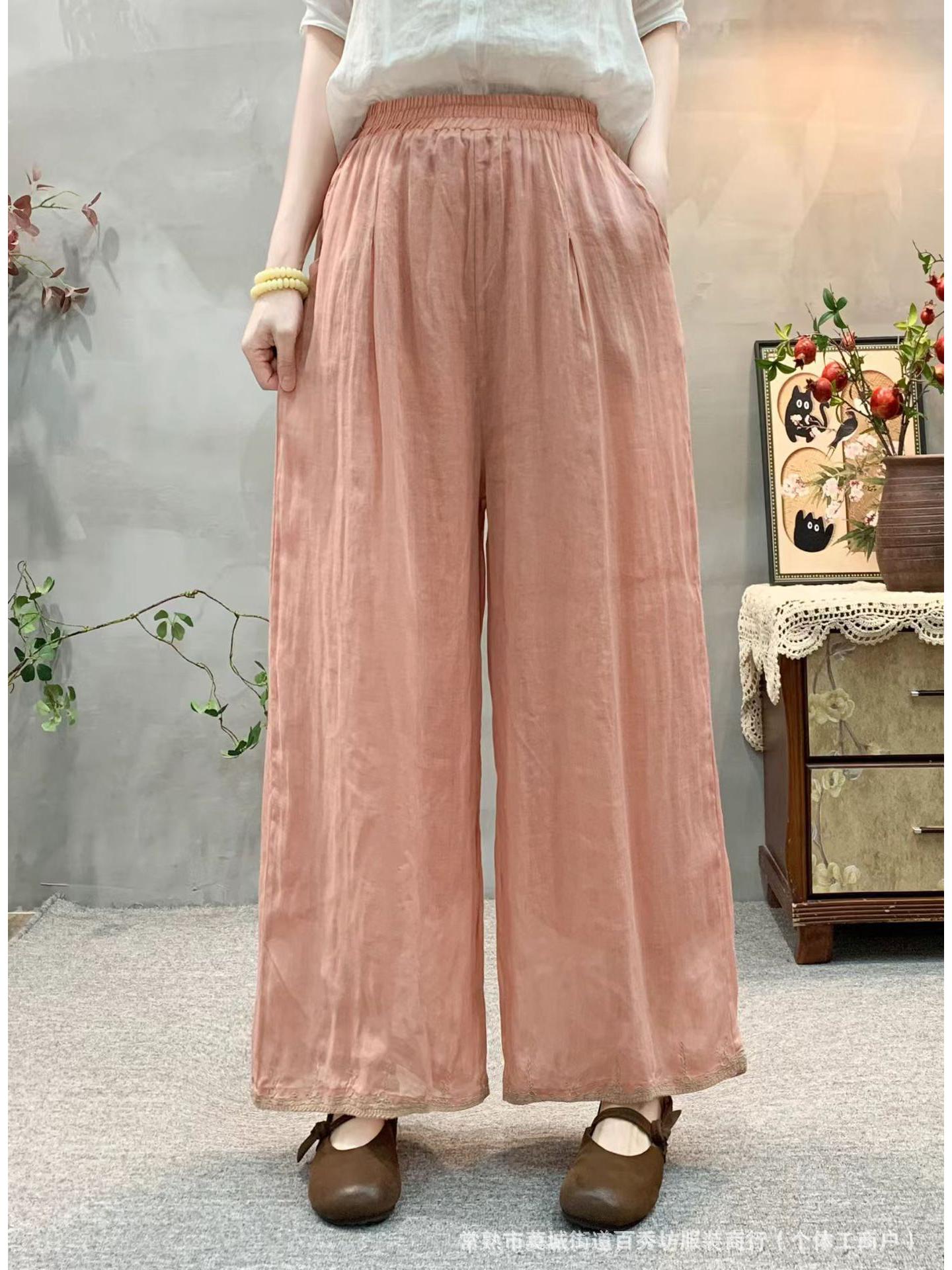 Women s 2026 Spring/Summer High Waist Wide Leg Linen Pants with Elastic Waist and Retro Embroidery One Size