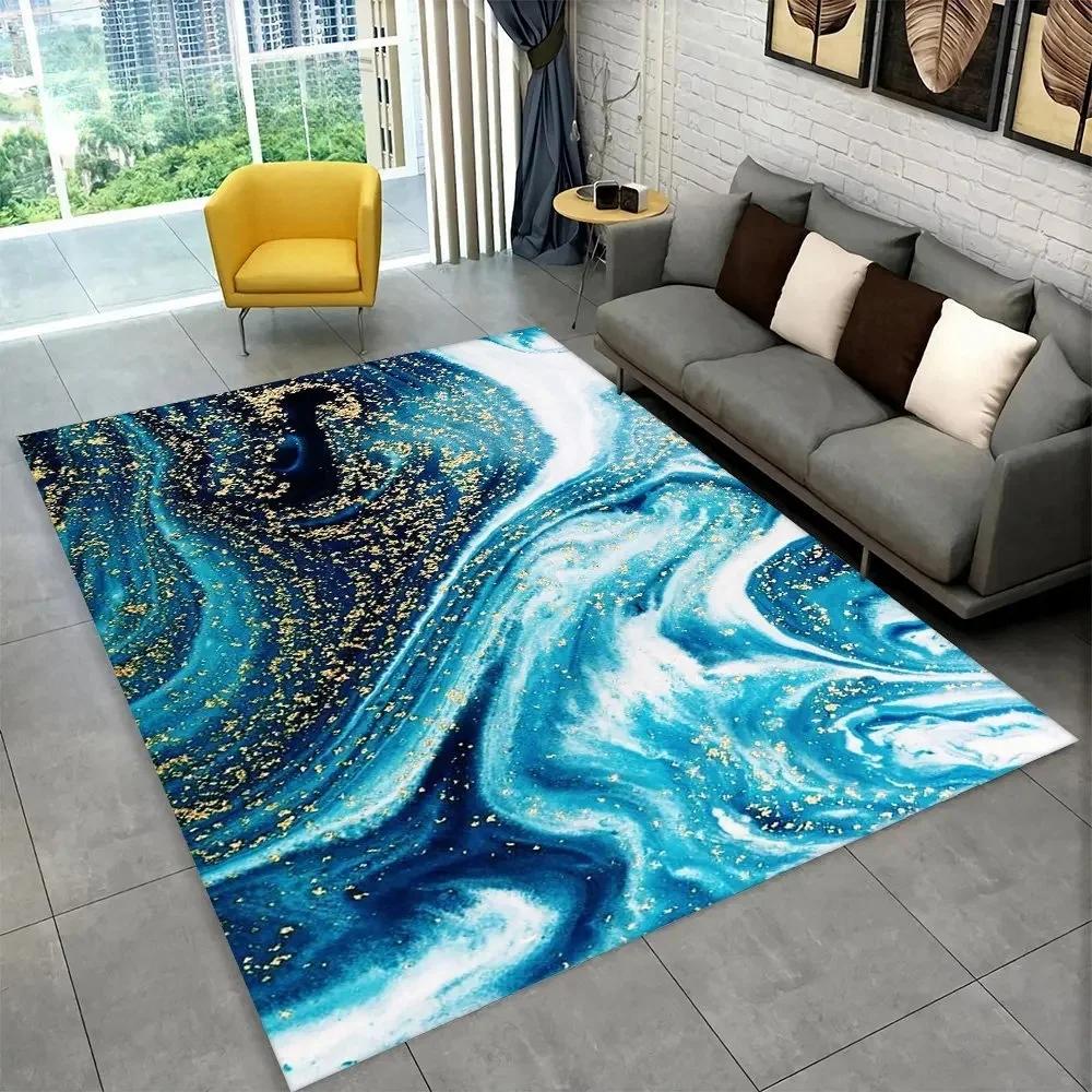 Sophisticated Nordic Blue and Gold Marble Floor Mat Geometric Carpet for Living Room or Bedroom Non-Slip Rug for Sofa Doormat