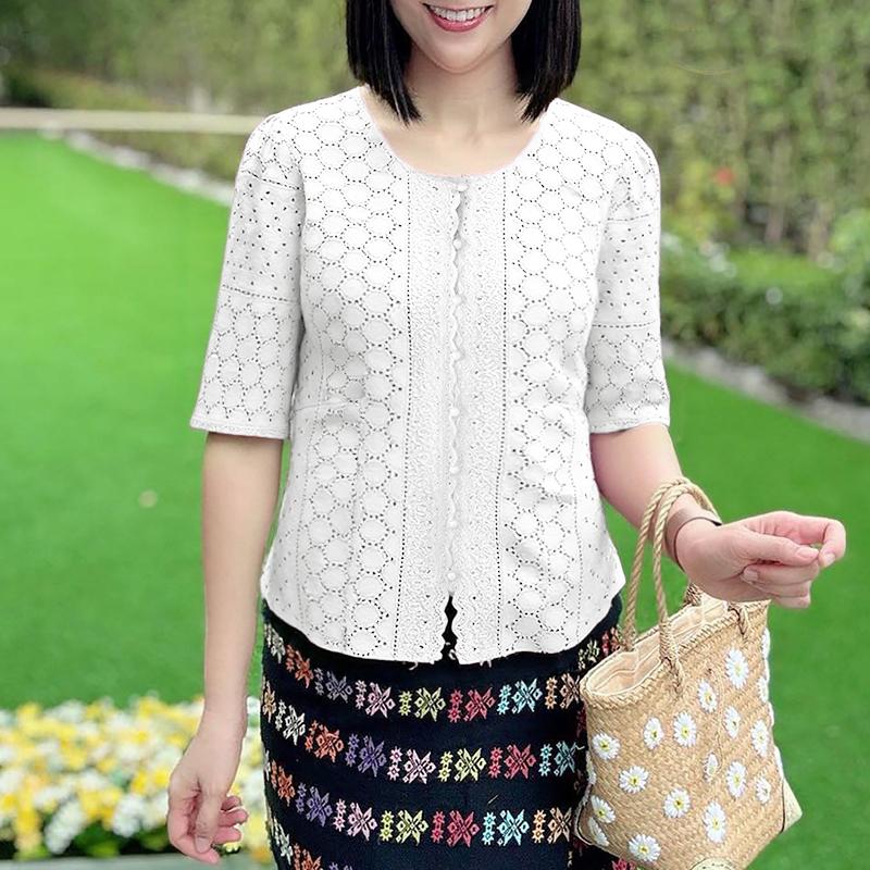 

ZANZEA Women Round Neck Half Sleeve Casual Patchwork Crochet Blouse 5XL