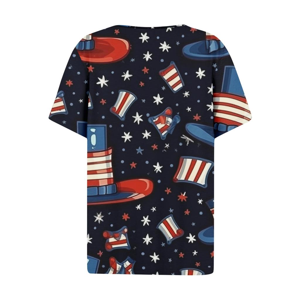 Lässiges T-Shirt für Damen zum Unabhängigkeitstag, bedruckt, V-Ausschnitt, kurzärmlig, mit Knöpfen