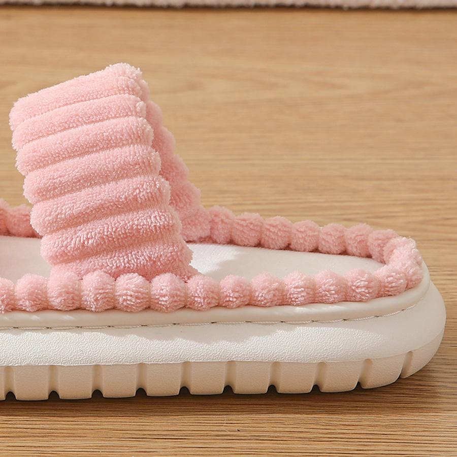 Dámské plyšové pantofle s dvojitými pásky, jednobarevné s otevřenou špičkou, protiskluzové pohodlné nazouváky, módní vnitřní platformové pantofle