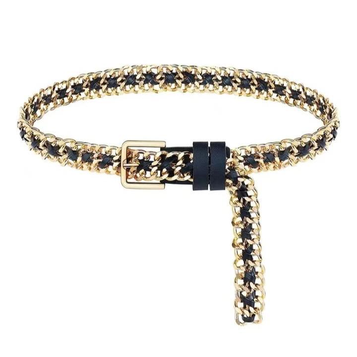 Women s Black Jeans Belt with Gold Woven Chain - Unisex Punk Style Patchwork Accessory золотой