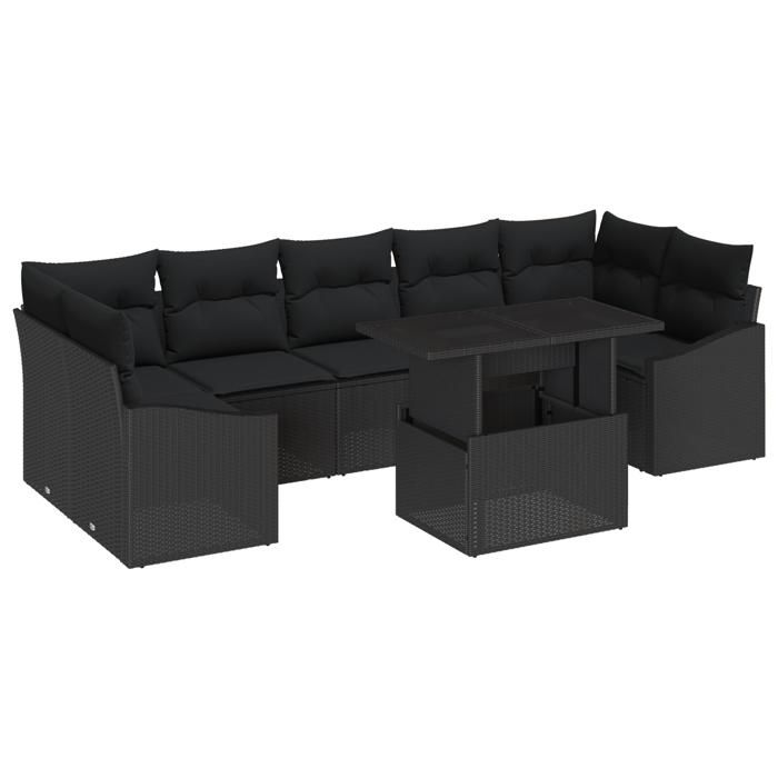 VidaXL Set de canapé de jardin 8 pièces avec coussins en poly rotin noir 3357696