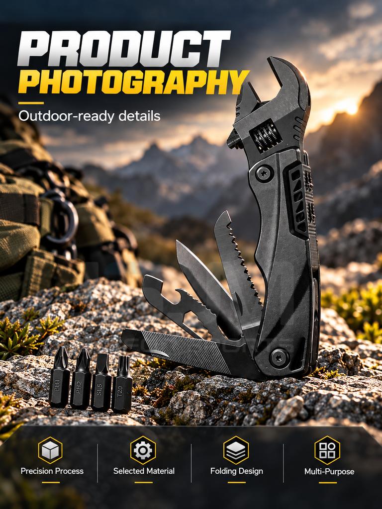 12 in 1 Multitool Adjustable Wrench Folding Pocket Tool with Knife Saw Screwdriver Bottle Opener for Camping DIY Outdoor Repair
