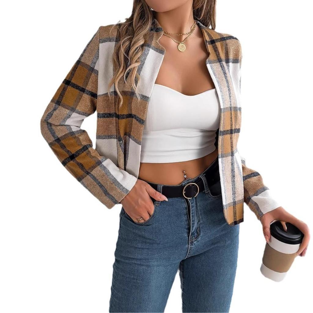 Autumn Women's Casual Plaid Long Sleeve Tweed Jacket