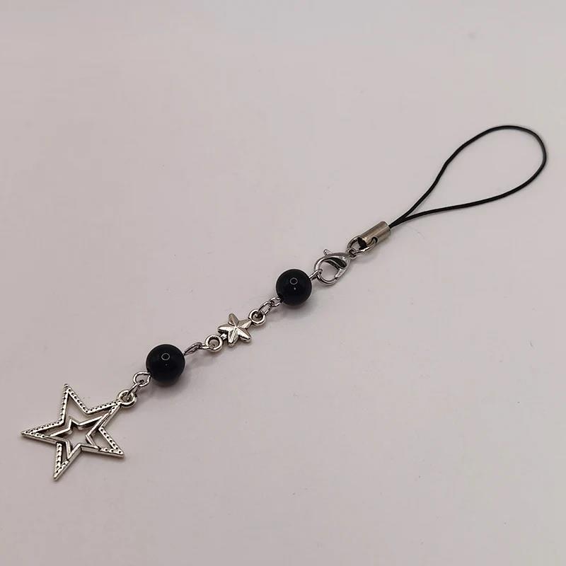Black Punk Y2K Phone Pendant Chain Cool Girl Sweet Pink Beaded Charm With Cross Butterfly Love Accessories For iPhone Camera Bag 1