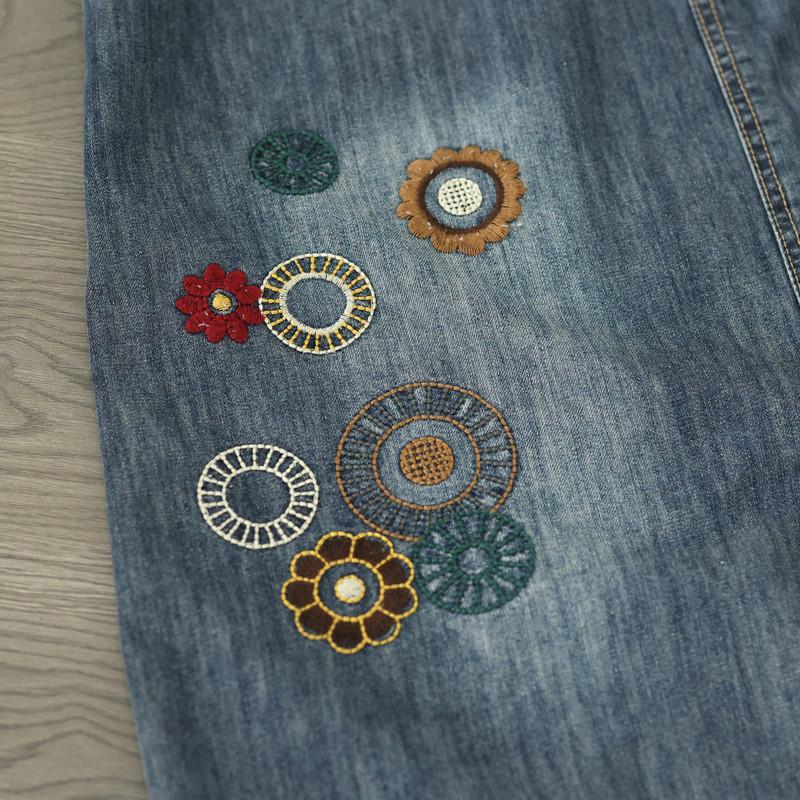 Summer Embroidered Flower Semi-elastic Waist Button Denim Skirt