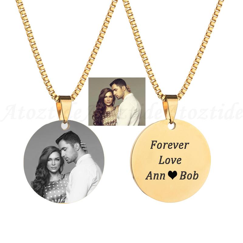 Atoztide Personalized Round Brand Engrave Name Necklace Stainless Steel Words Letter Picture Box Chain Birthday Jewelry Gift