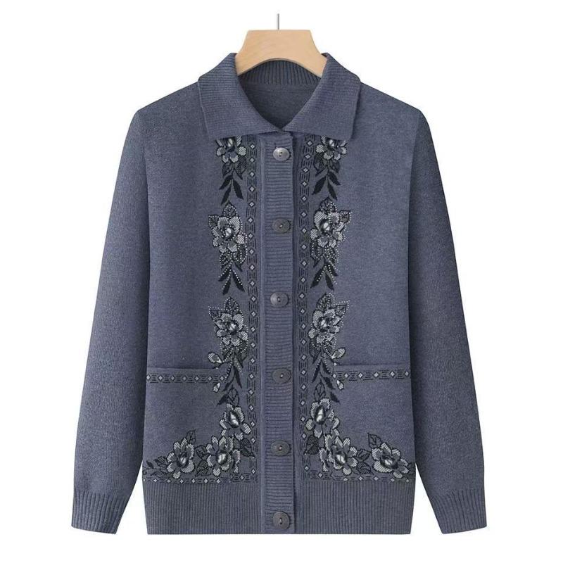 

Вязаный кардиган с лацканами для бабушки, универсальный, для людей среднего и пожилого возраста, весенне-осенний, свитер-пальто, одежда для мамы и пожилой женщины, топ XL серый