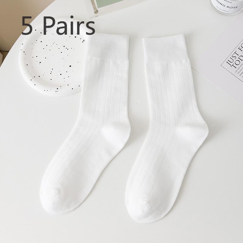 5 Pairs Black Socks Women's Mid-calf Socks Tide Cotton Spring and Autumn Models of Solid Colour Hundred Matching Sports Summer White Long Socks