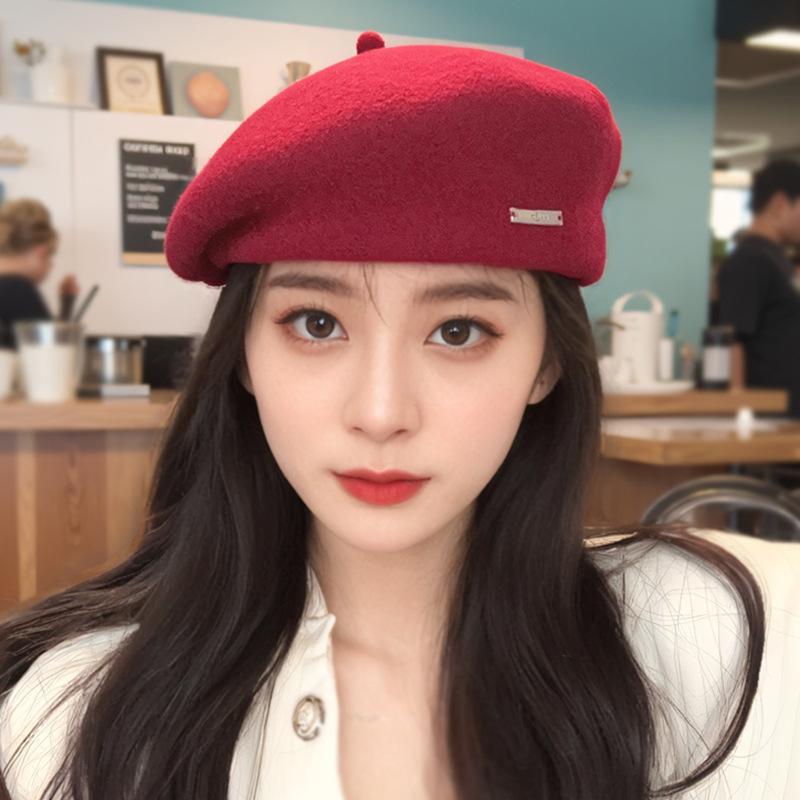 Beret Women's Winter Warm Thickened Wool Painter's Hat Face Revealing Small Octagonal Hat