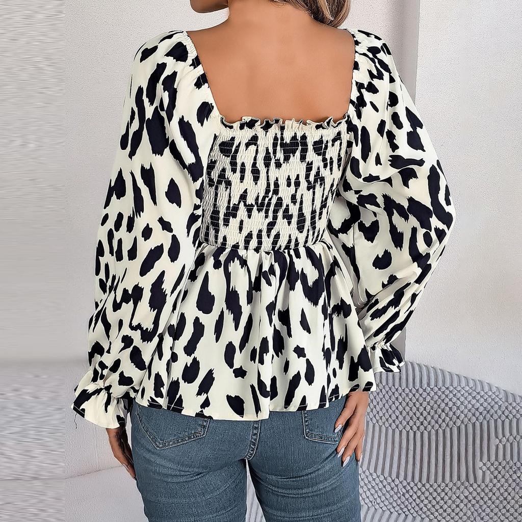 Herbst- und Winter Damen Casual Rüschen Quadratkragen Leopardenmuster Langarm Chiffonbluse