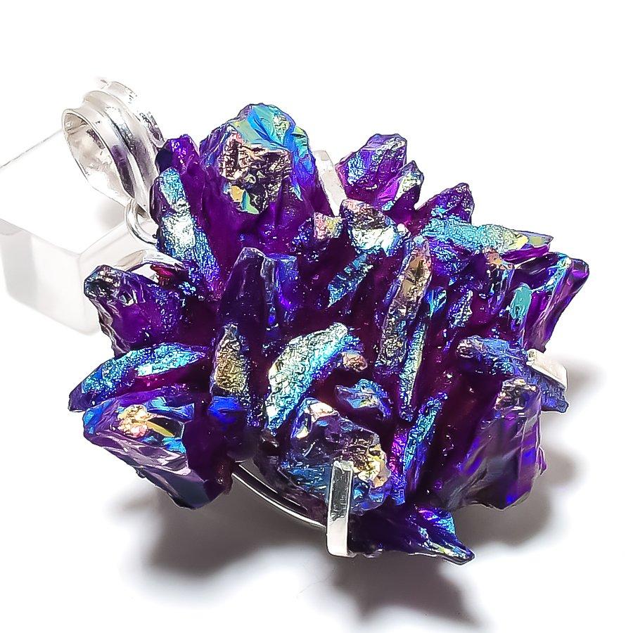 Purple Titanium Druzy Gemstone Handmade 925 Sterling Silver Pendant 2.17" B0p61