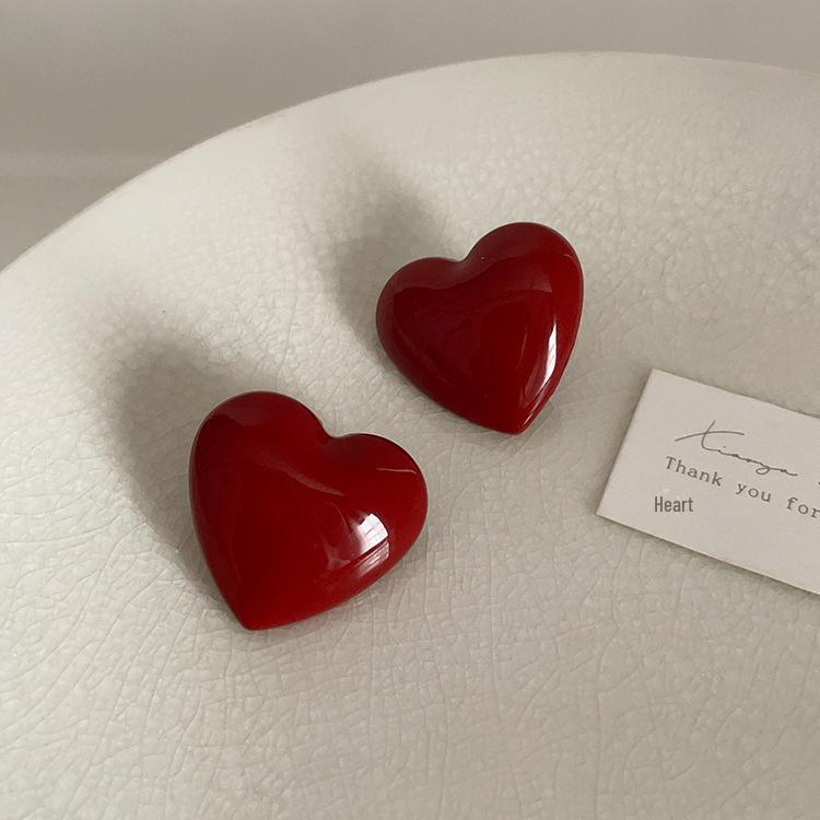 Retro Hong Kong Style Wine Red Heart Oil Painting Earrings - Sweet, Simple, and Fashionable.