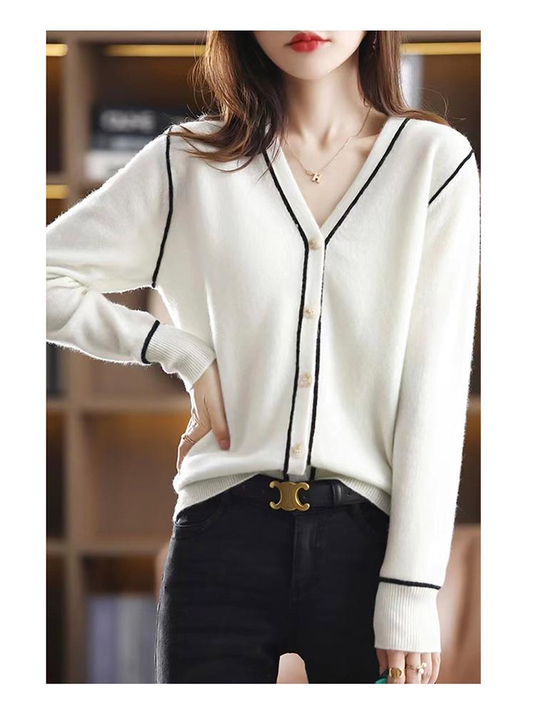 Versatile 100% Cashmere Color Block Cardigan V-Neck Women's Wool Sweater
